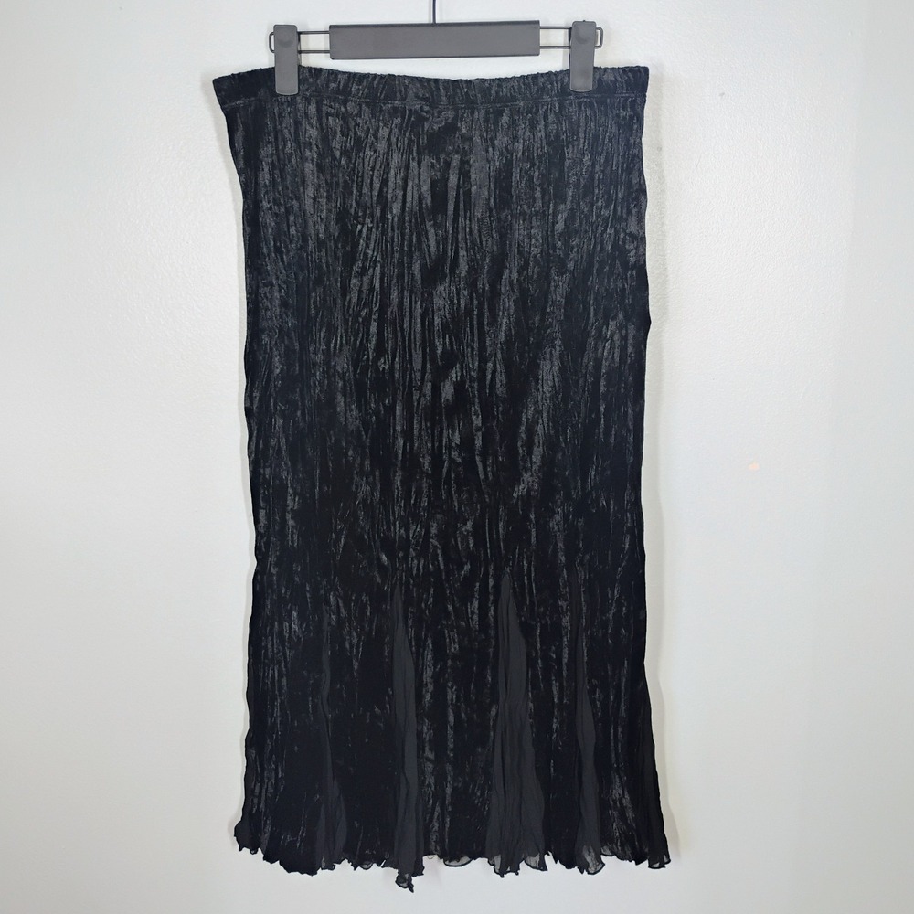 Y2K Crushed Velvet Burnout Midi Skirt Sz L Black Tulip Flared Godet Goth Witchy - Picture 4 of 9
